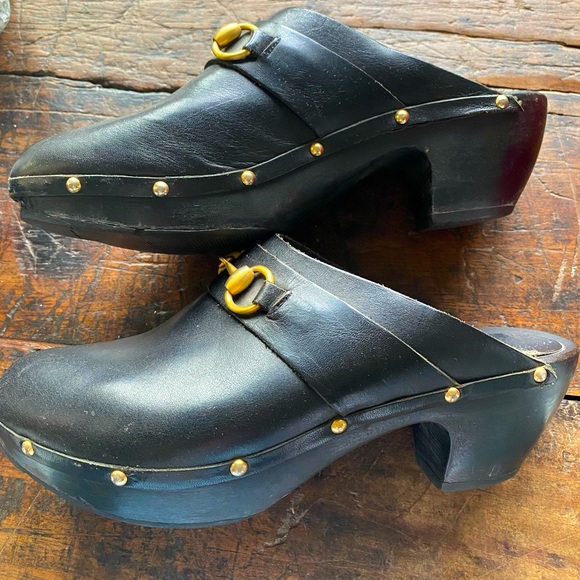 Vintage Authentic Gucci Black Leather Clogs with Gold horse bit and studs - Picture 1 of 10